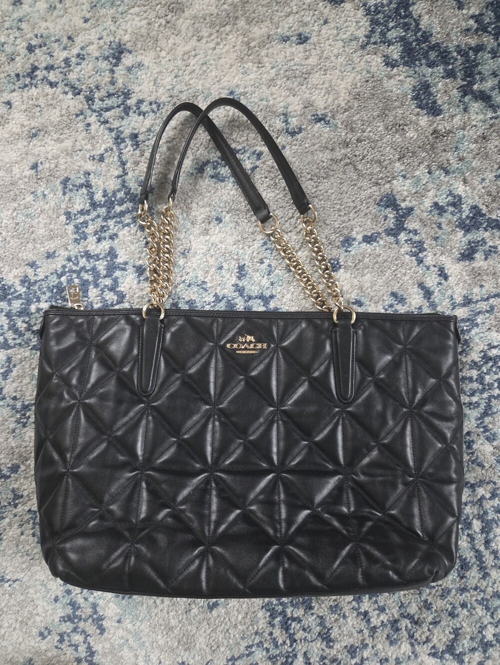 Coach Ava Chain Tote in Quilted Leather (Style F36661) Black with Gold Large Bag